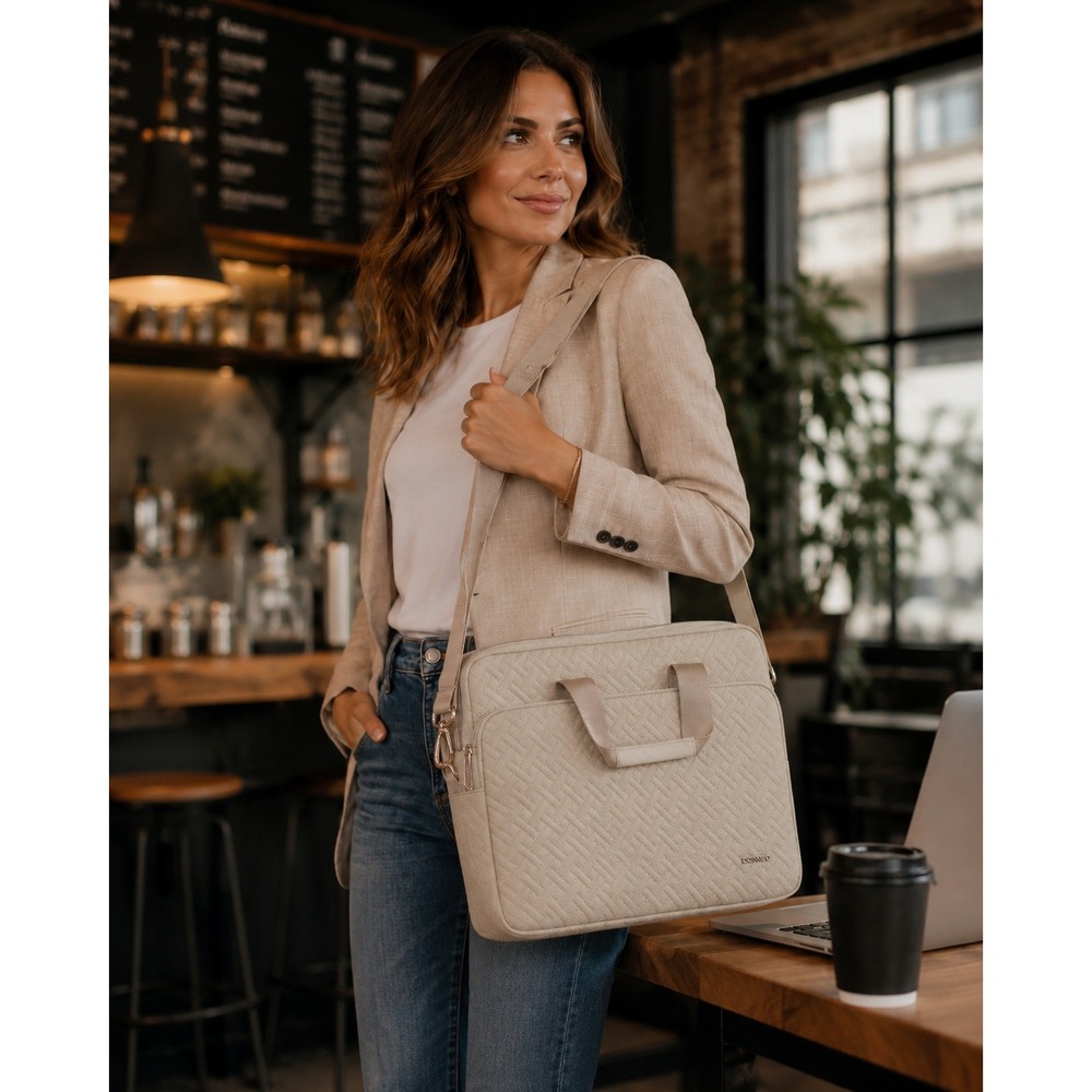 Domiso Laptop Bag Women 15in Beige Quilted Padded Shoulder Strap Office DOM NWT